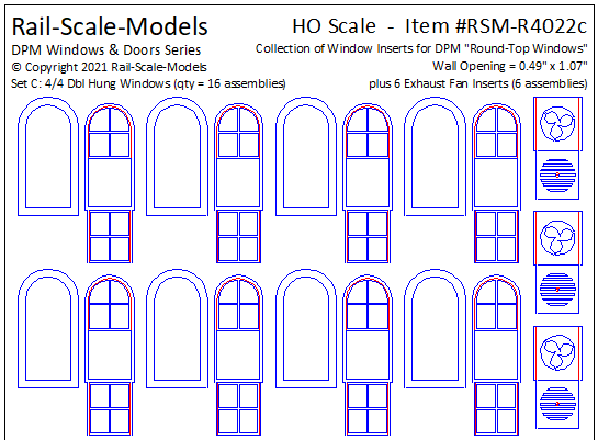 HO Scale Window Inserts for DPM Round~Top Windows ~ 4 over 4 Dbl Hung